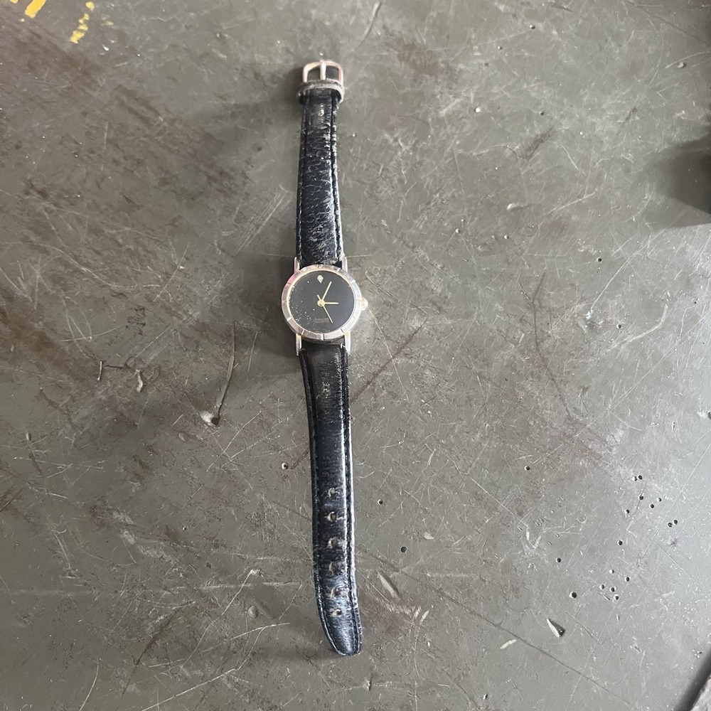 Vintage Diamond Quartz Watch Women Black Leather Strap Analog Round Case AS IS
